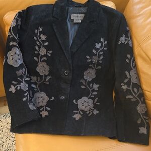 Black Floral Embroidered Leather Jacket